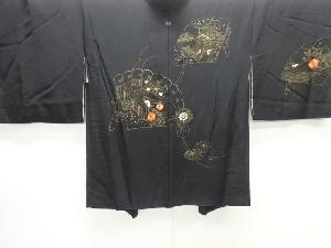 檜扇に屋敷・草花模様刺繍一つ紋絵羽織